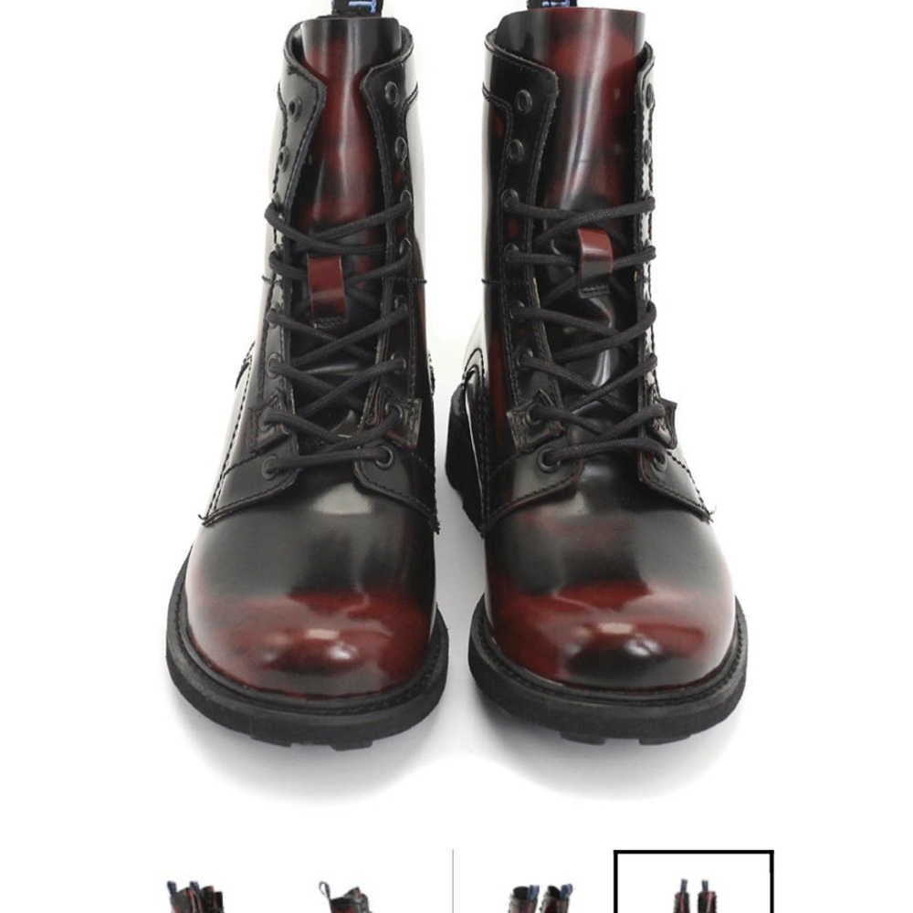 Fluevogs 8-eye 7th Heaven burgundy rub boots, W 10.5